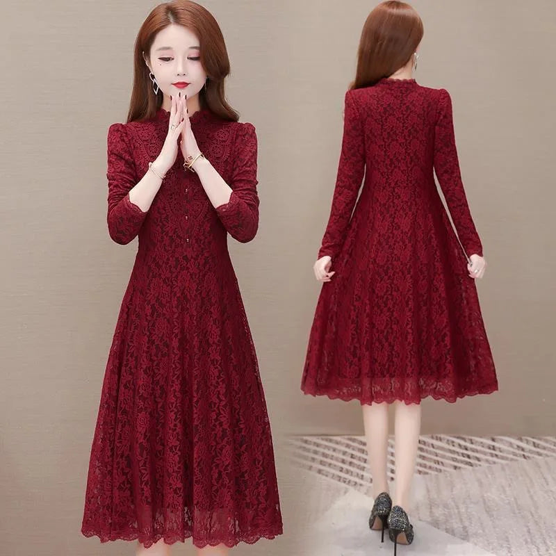 Wholesale Autumn/Spring  Hot Sale Woman Lace Dresses Plus Size Trending Lady Elegant Long Sleeve Thickened Casual Midi Dress