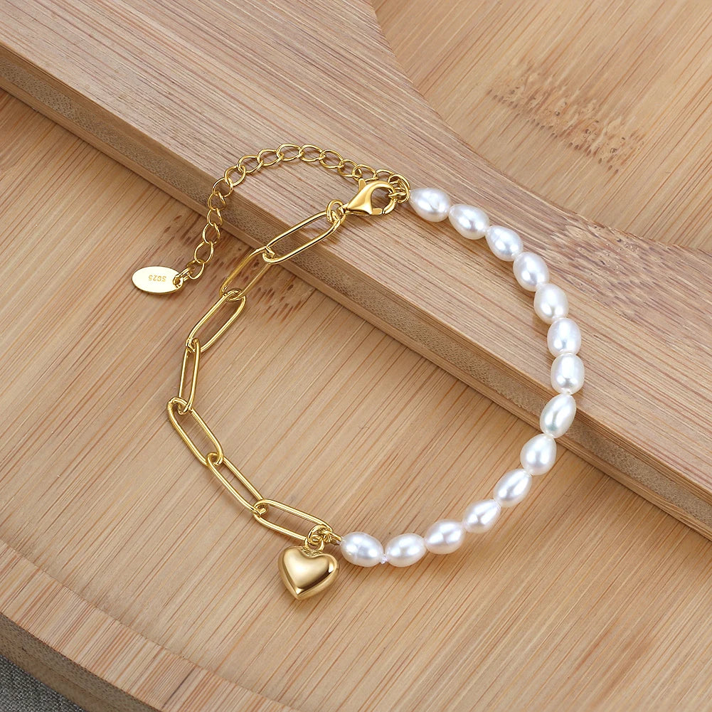 GPB17 Half Cultured Freshwater Pearl Half Paper Clip Chain Bracelet 925 Silver Fine Jewelry Heart Charms Bracelets for Women