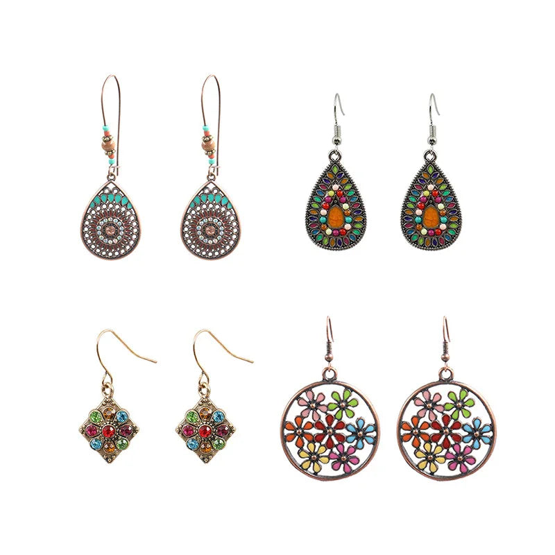 DAIHE Stylish Cutout Alloy Earrings Retro Colorful With Diamonds and Floral Boho Earrings