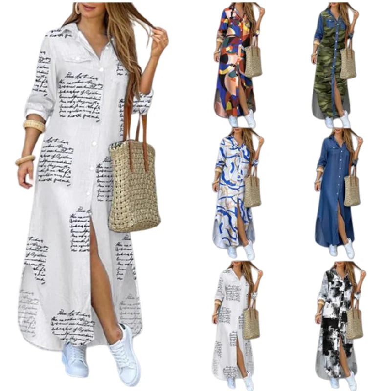 YQY1206 Trendy Spring&Summe Dresses Women Casual Long Sleeve Loose Shirt Dress Printed Maxi Dress Ladies Fall Dresses for Women