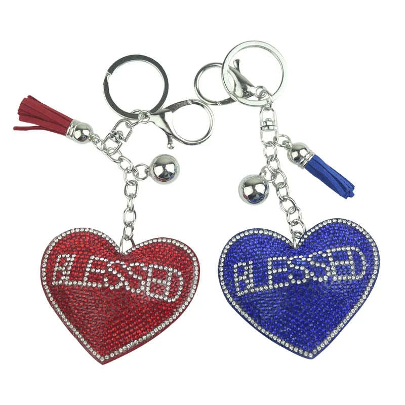 2023 New BlESSED Rhinestone Heart Shape Keychain Custom Picture Printed Bling BlESSED Heart Keychain