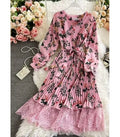 Vintage Floral V-neck Lace Splicing Pleated Fashion Long Women's Dresses