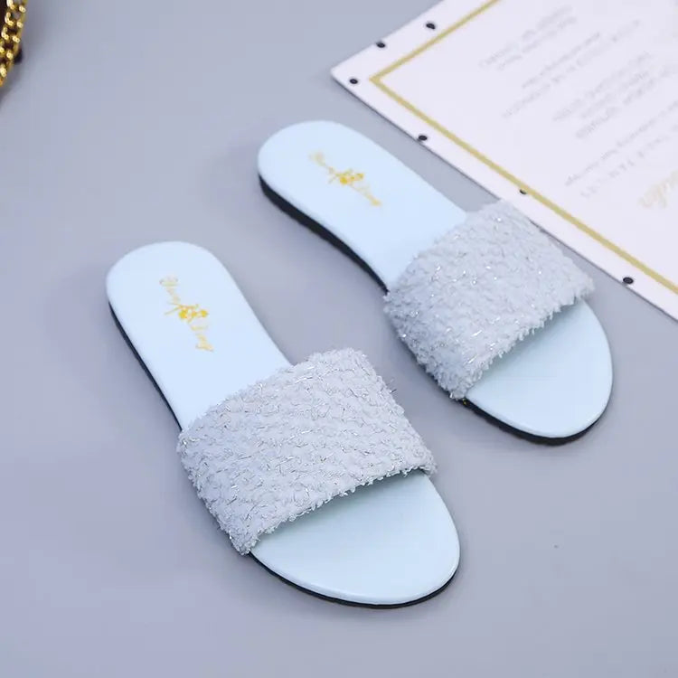 Women's Best Selling Sequins Fashion Trendy Flat Bottom Slippers Outdoor Walking One Stirrup Ladies Slippers Beach Soft Shoes