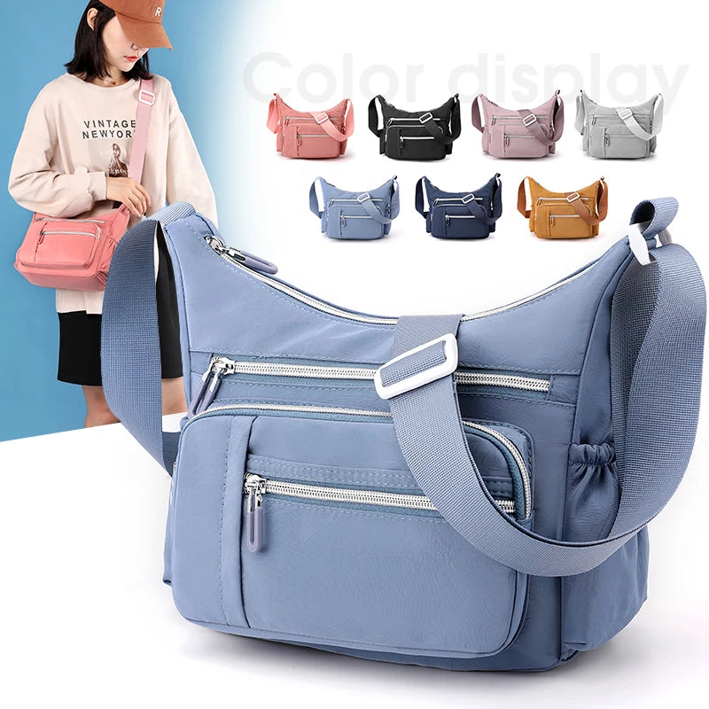 New Large Capacity Handbag Waterproof Nylon Messenger Bag with Adjustable Strap and Polyester Lining Fashion Zipper Closure