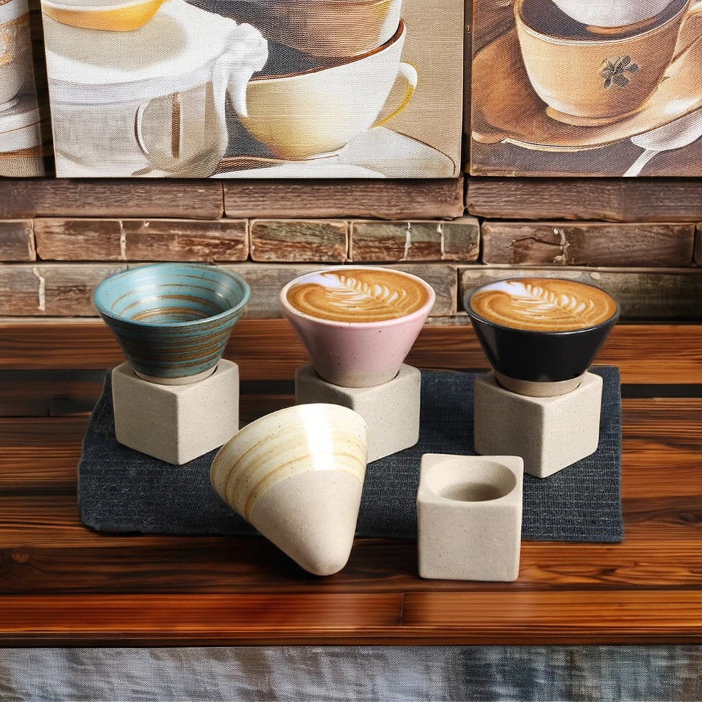 Hot Sellers Pour Over Ceramic Espresso Cup with Wooden Stand Japanese Mug Sets for Latte Coffee Cafe Mocha Tea