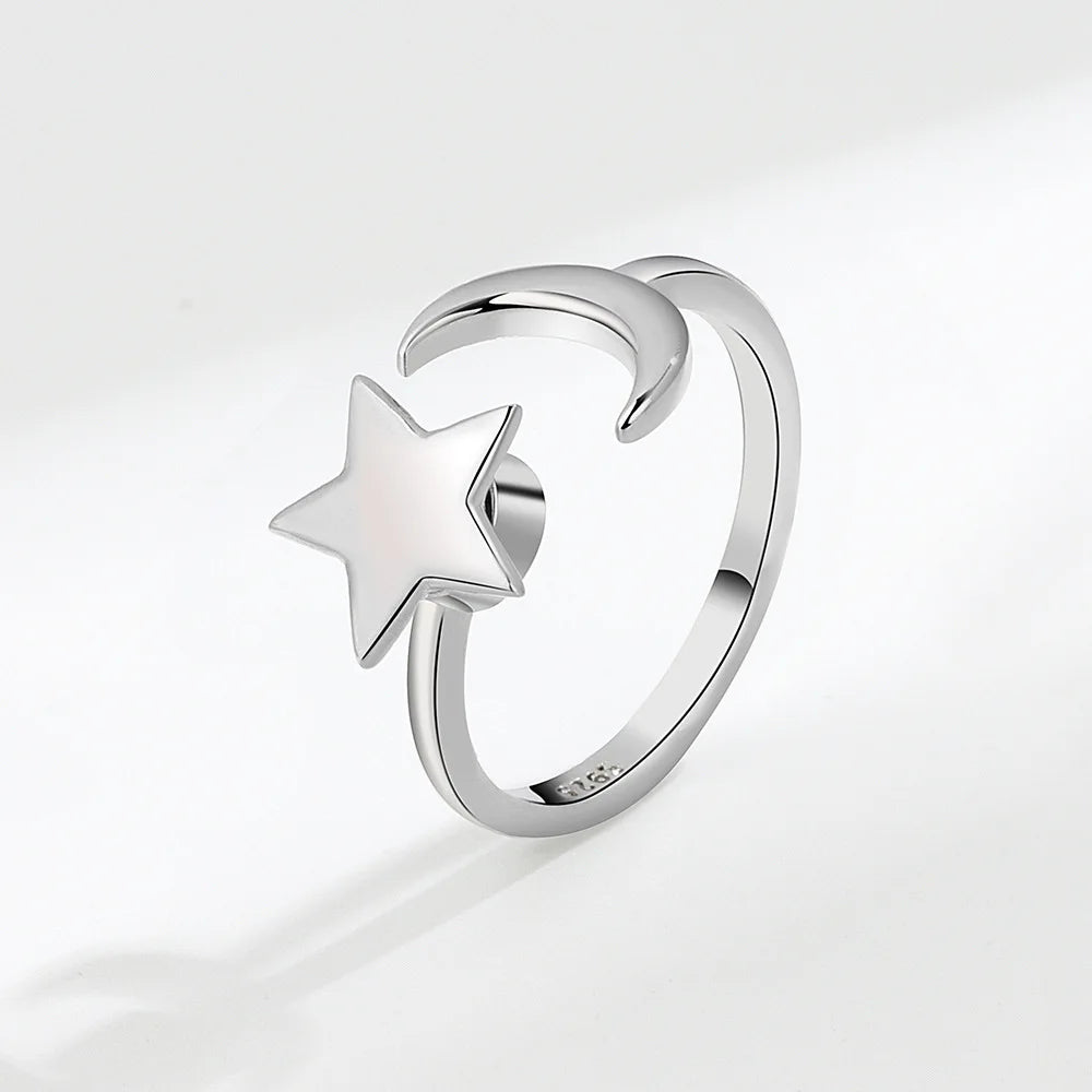 S925 Sterling Silver New Star Rotating Ring for Women Cold Wind Opening Adjustable Star Moon Ring for Wedding and Gifts
