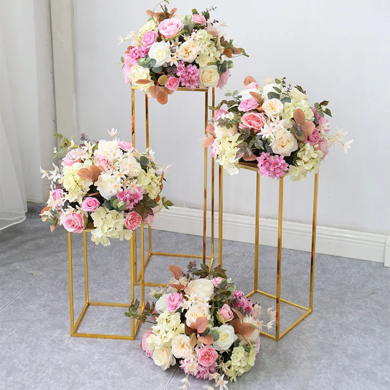 Y-Q029 Rectangle Gold Metal Wedding Flower Vase Flower Stand for Wedding Party Table Centerpiece Road Led