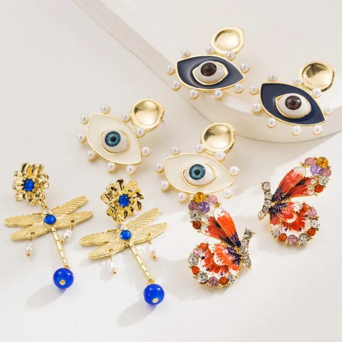 4 Style Exaggerated Vintage Crystal Butterfly Dragonfly Pearl Eye Pendant Earrings for Women Bridal Wedding Party Jewelry