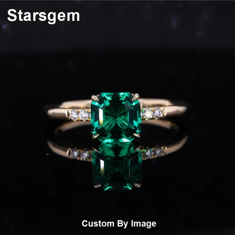 14K Solid Gold 7x7mm Asscher Cut Lab Emerald Gemstone with Round Brilliant Cut Lab Diamond Rings