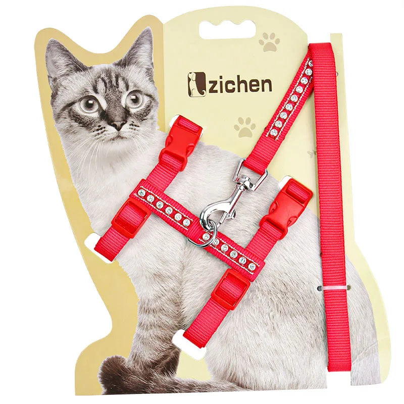 Custom Print High Quality Diamond Adjustable Cat Harness and Leash Set