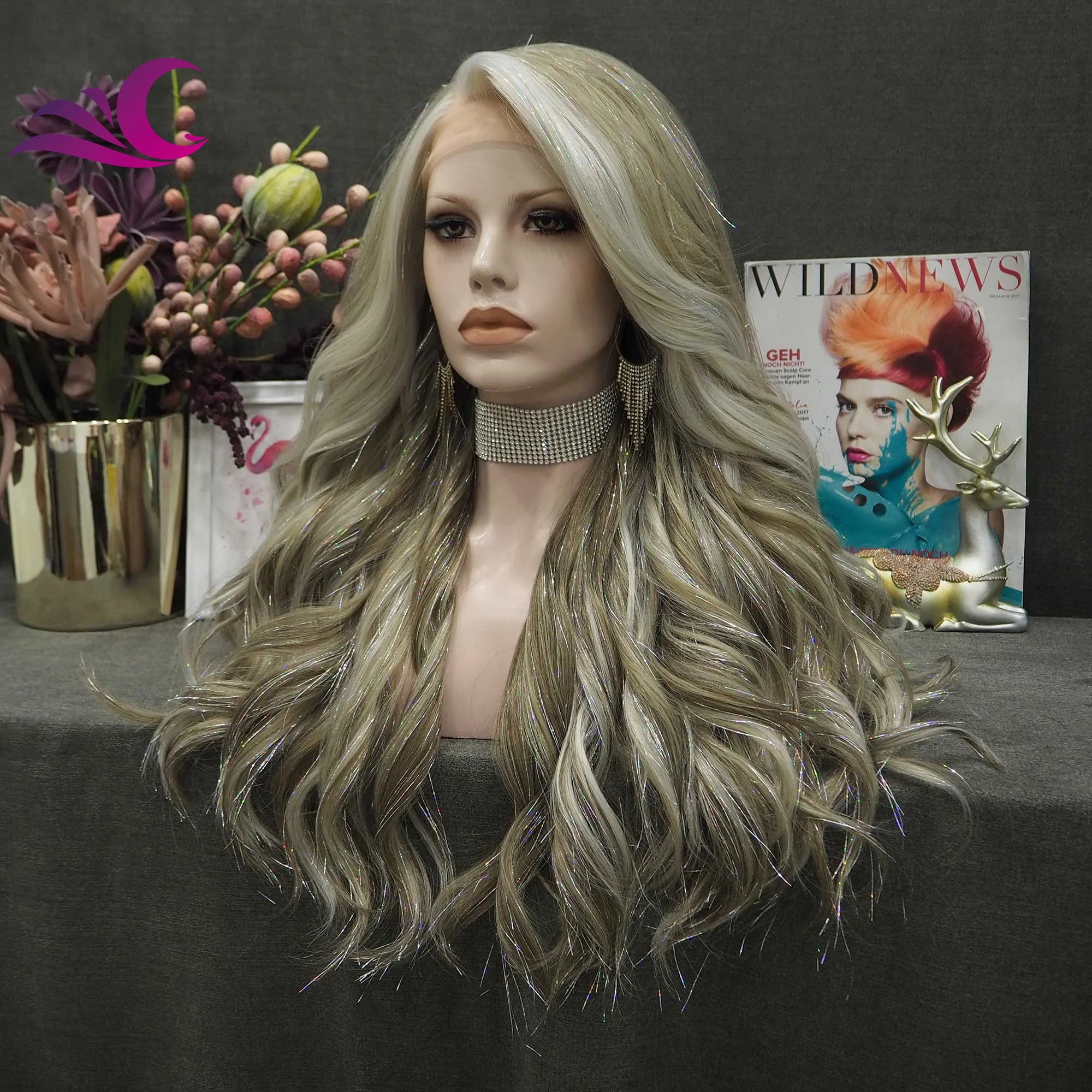 Celebrity New Fashion Tinsel Ombre Ash Blond Colorful Futura High Temperature Fibre Synthetic Lace Front Wigs