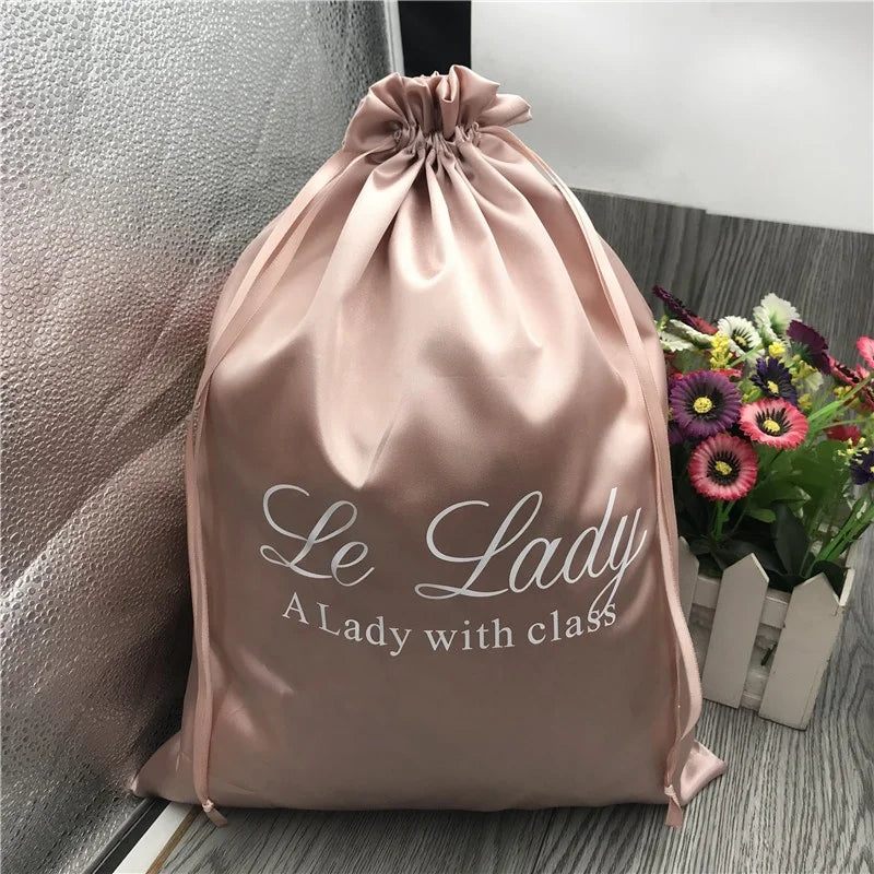Custom logo Large Satin Dust Bag Rose Gold Luxury Satin Drawstring Bag Shoes Bundles Wigs Satin Storage Packaging Bag