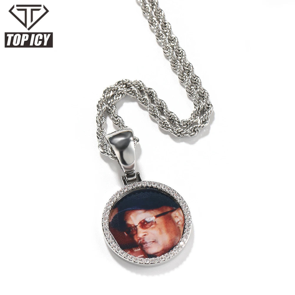 Top Icy DIY Customized Round Diamond Photo Pendant  Brass Gold Plated Cubic Zirconia Family Picture Necklace
