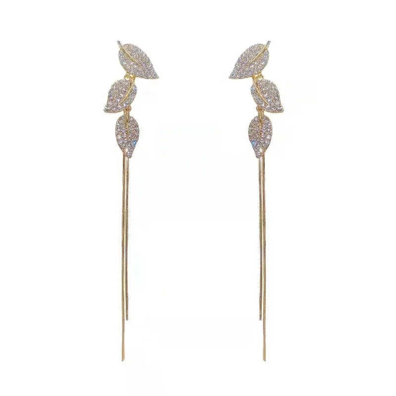 Light Luxury Full Diamond Leaf Earrings Long Chain Tassel Earrings Disc Leaf Dangle Drop Earrings for Women