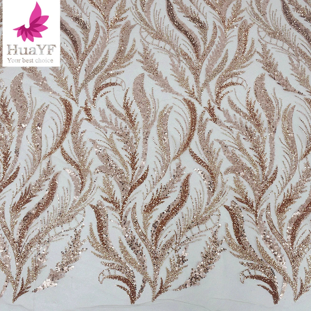 HY2642-4 Fashion Rose Gold Embroidered Bridal Lace With Sequins and Beads French Wedding Fabric for Women