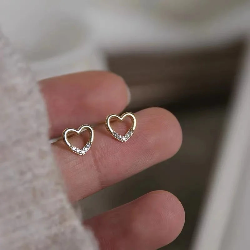 14K Gold Plated Pure 925 Sterling Silver Simple Mini Crystal Hollow Heart Shaped Stud Earrings for Women Girls
