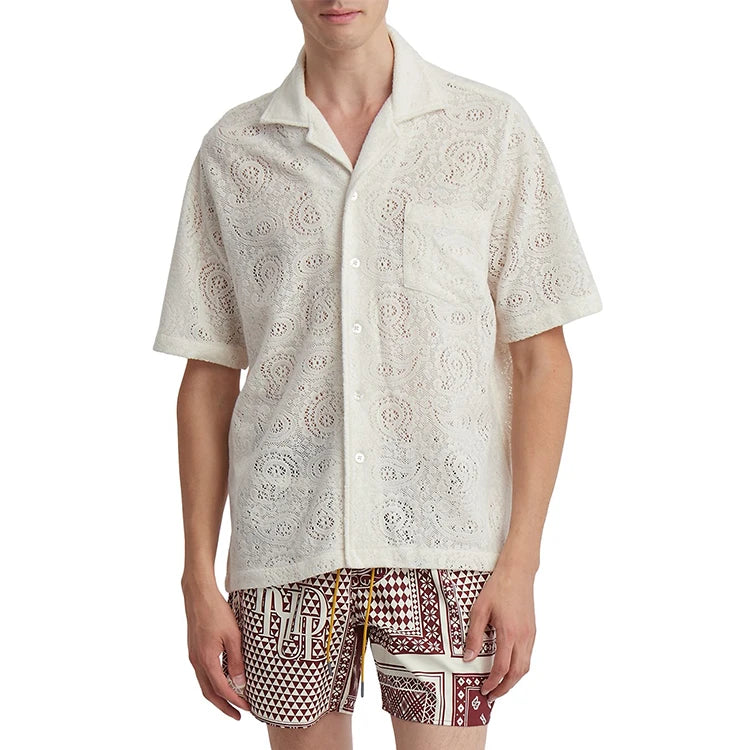 OEM Summer Button up Shirt Cotton Throughout Short Sleeves Crochet Shirts for Men Customized Logo Casual Jacquard Pattern