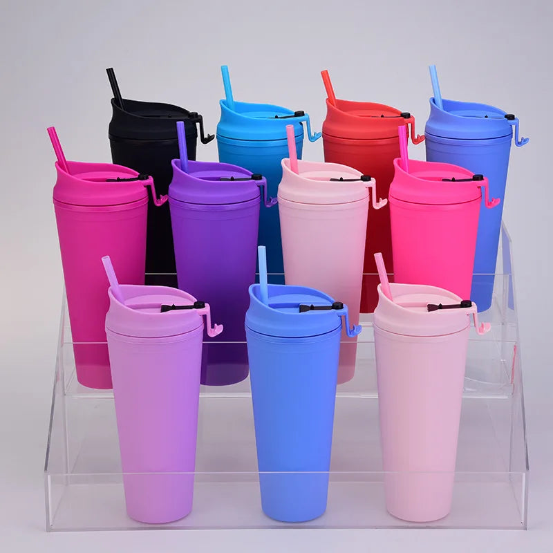 Custom logo 24oz Double Wall Matte Acrylic Tumblers Colorful Plastic Tumblers Cups in Bulk with Lid
