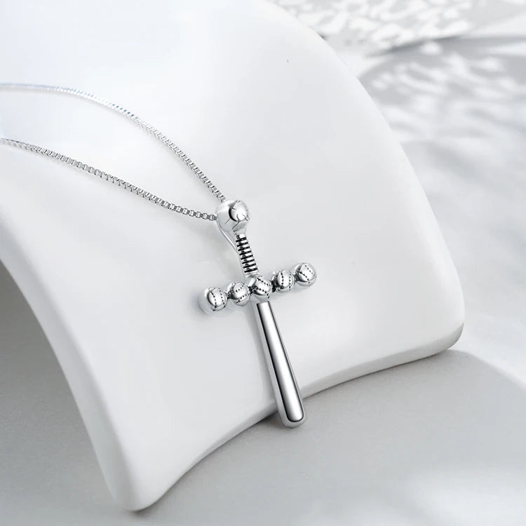 Fine Jewelry 925 Sterling Silver Rhodium Plated Cross Tennis Baseball Pendant Necklace