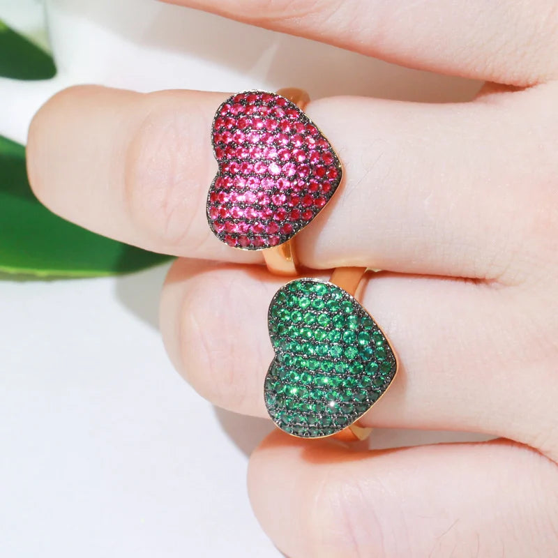 Adjustable Size Shiny Micro Pave Dainty Green Blue CZ Stone Heart Shape Love Wedding Engagement Ring for Women Jewelry Gift