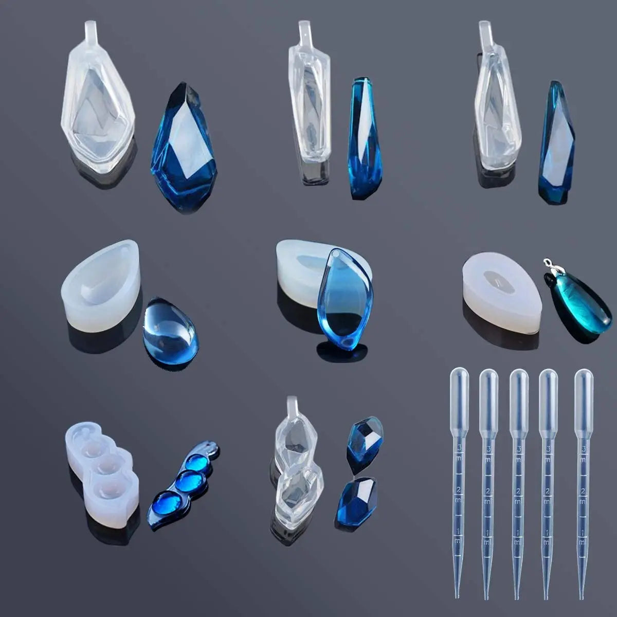 8 PCS Jewelry Silicone Molds and 5 PCS Plastic Droppers Jewelry Resin Casting Mold DIY Necklace Pendant Jewelry Making Decor