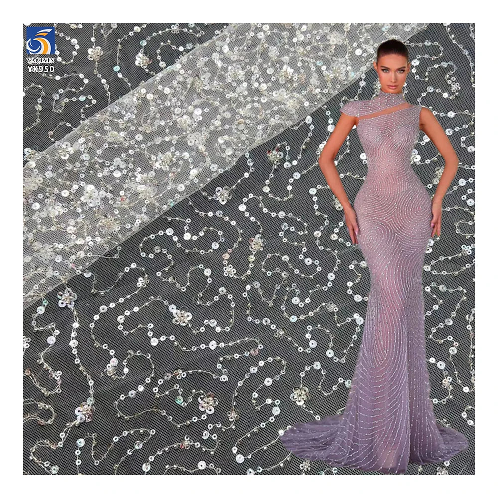 YX950 Cheap Embroidery Multicolor Sequins Beads Lace Fabric Textiles Online Wholesale Mesh Sequins Embroidered Lace Fabric MegaBDM