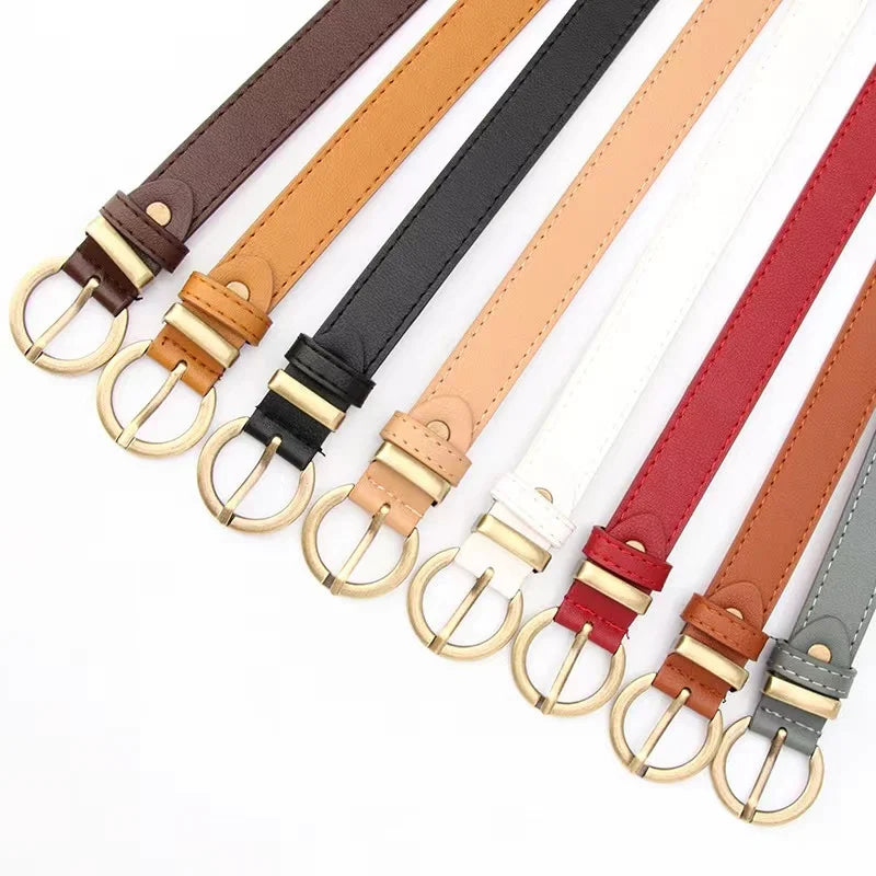 JULUN PU Belt Manufacture Women Gold Belt Slim PU Strap Round Antique Gold Buckle Multi Color Options Women Casual Waist Belt