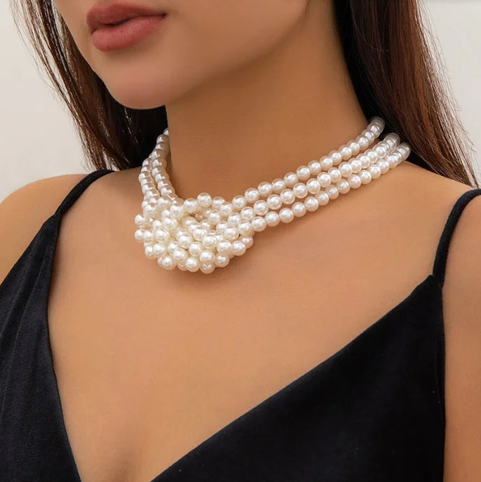 Multilayer Big White Black Imitation Pearl Bead Chain Necklace Women Korean Fashion Knotted Link Choker Jewelry Wed Accessories