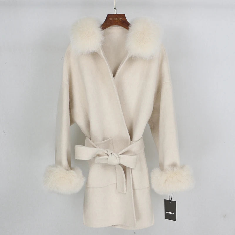 OFTBUY 2022 Women's Winter Jacket New Oversize Loose Cashmere Wool Blends with Natural Fox Fur Collar Outerwear Belt