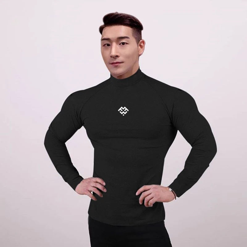 2022 Autumn Gym Men Bodybuilding Casual Long Sleeve Tops Sports Fitness Running T Shirt Slim Men Turtle Neck Cotton Clothing
