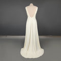 #10795White/Beige Sheath Boat Neck Wedding Dress With Sweep Train Sleeveless Open V-Back Criss-Cross Stain Bride Gown Prom Dress