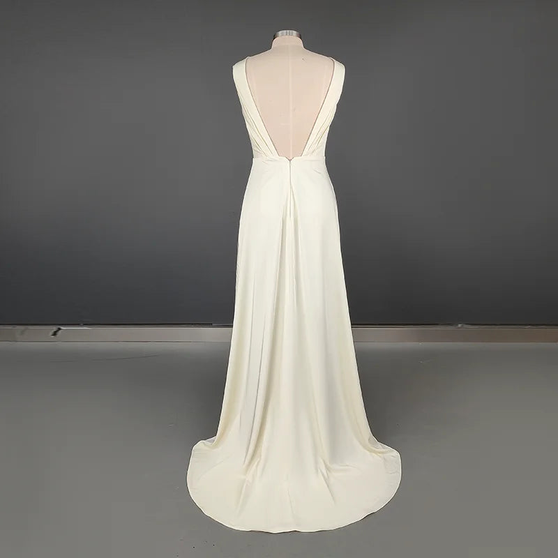 #10795White/Beige Sheath Boat Neck Wedding Dress With Sweep Train Sleeveless Open V-Back Criss-Cross Stain Bride Gown Prom Dress