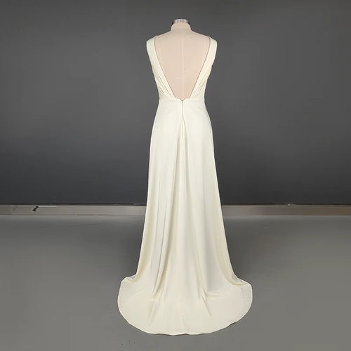 #10795White/Beige Sheath Boat Neck Wedding Dress With Sweep Train Sleeveless Open V-Back Criss-Cross Stain Bride Gown Prom Dress