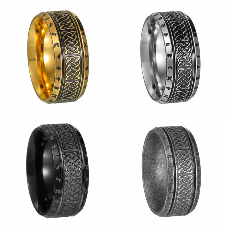 Vintage Nordic Viking Runes Celtic Knot Stainless Steel Mens Rings Punk Biker Jewelry Viking Rune Titanium Steel Men's Ring