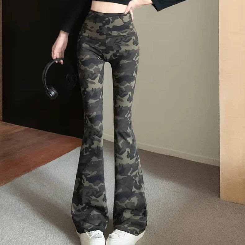 Fashion Casual Cargo Flared Pants With Pocket Streetwear High Waist Camouflage Flare Pants