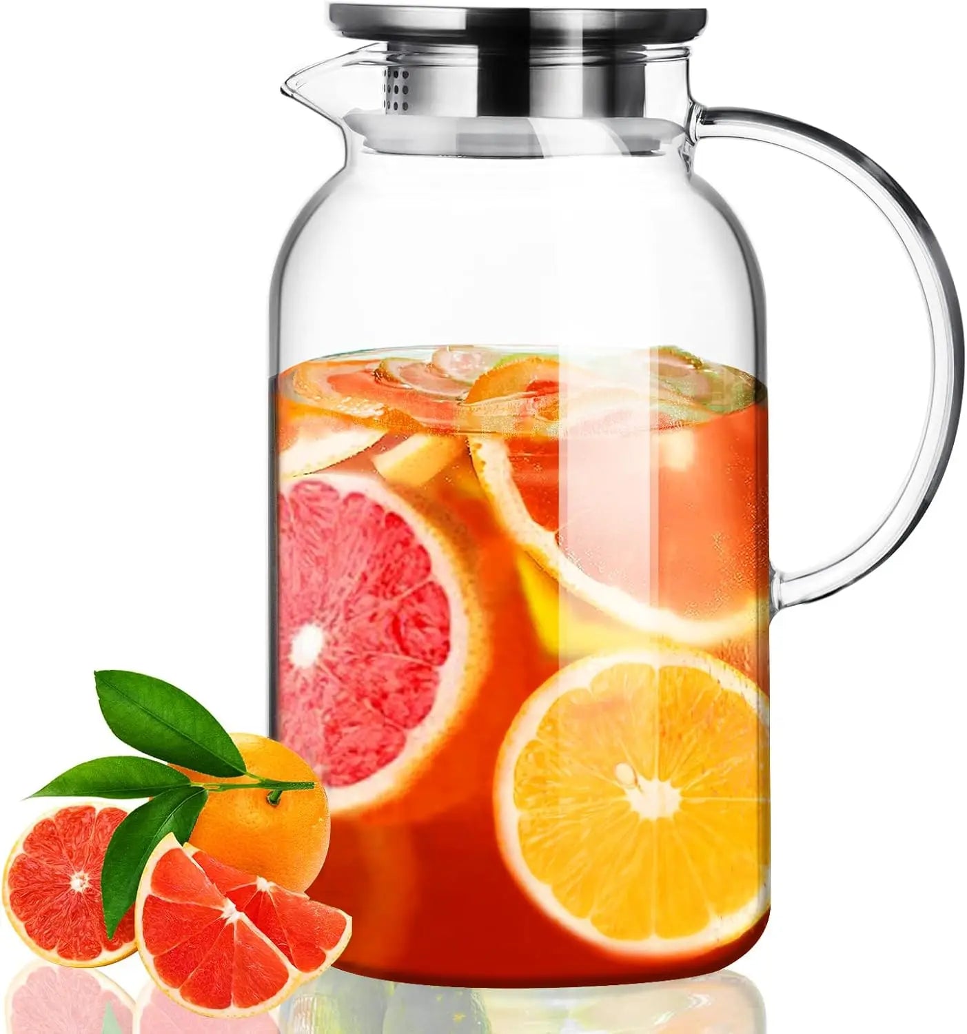 Glass Pitcher With Lid Hot& Cold Glass Water Pitcher With Handle Iced Tea Pitcher Carafe for Coffee Juice Lemonade 61oz/ 1.8L