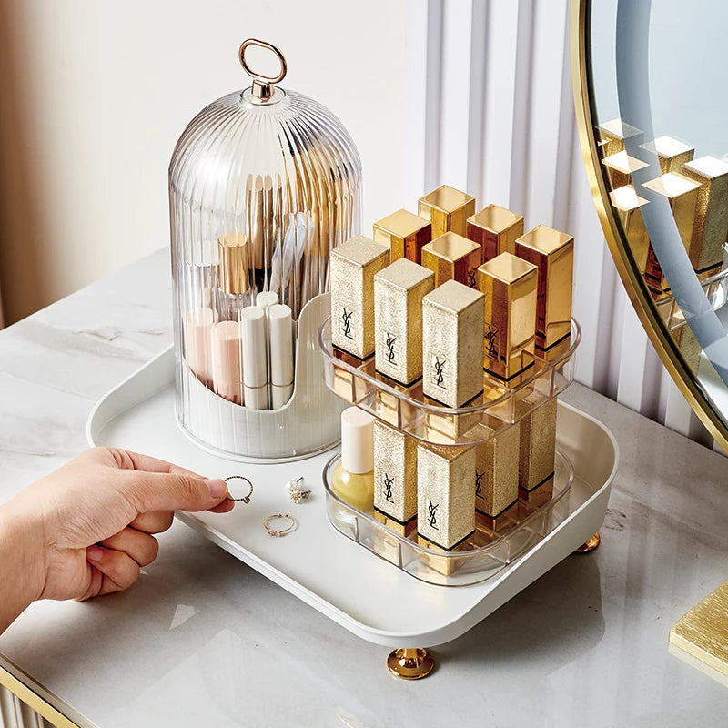 360 Rotating Slots Plastic Sustainable Makeup Pen Container Tool Storage Organizer Partition Box with Dustproof Lid Brush Barrel
