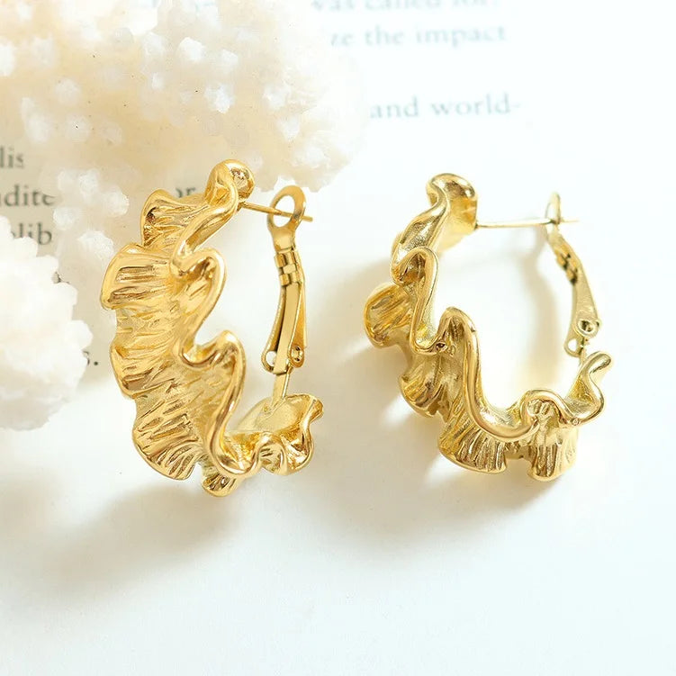 INS New Geometric Pleated Hoop Earrings Stainless Steel Gold Plated Wrinkle Clip on Earrings Pendientes De Acero Inoxidable