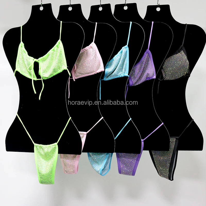 Glitter Rhinestone Two Pieces Crystal Bikini Halter Backless Rhinestone Triangle Thong Bathing Suit