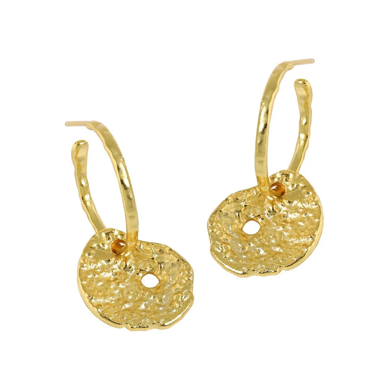Gold Plated 925 Silver Lotus Leaf Shape C Hoop Pendant Stud Earrings