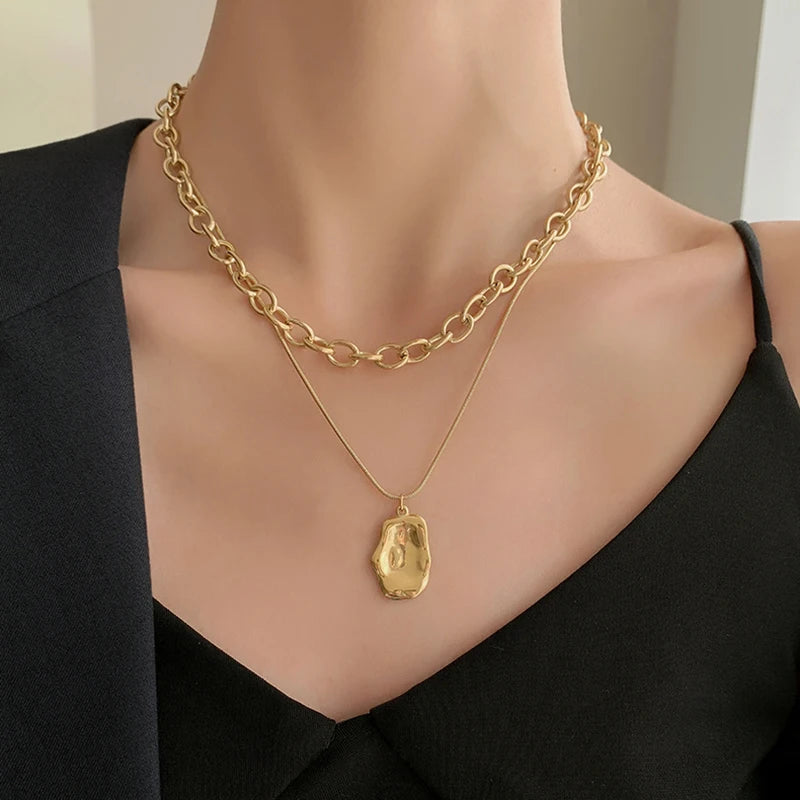 VKME  Vintage Cuban Chain Geometric Pendant Double Layer Necklace for Women Jewelry Gift