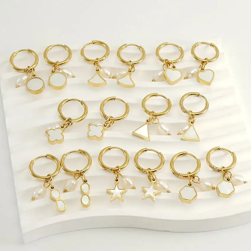 Trendy Women's Geometric Round Star Heart Flower White Shell Fresh Water 315L Stainless Steel Charm Pendant Hoop Pearl Earrings