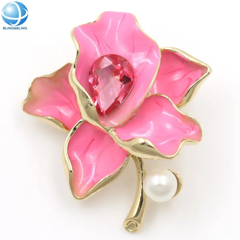 Latest Design Pink Enamel Brooches Rose Flower Metal Alloy Brooch Pins for Women Suit Dress Shirt Jewelry Decoration Accessories