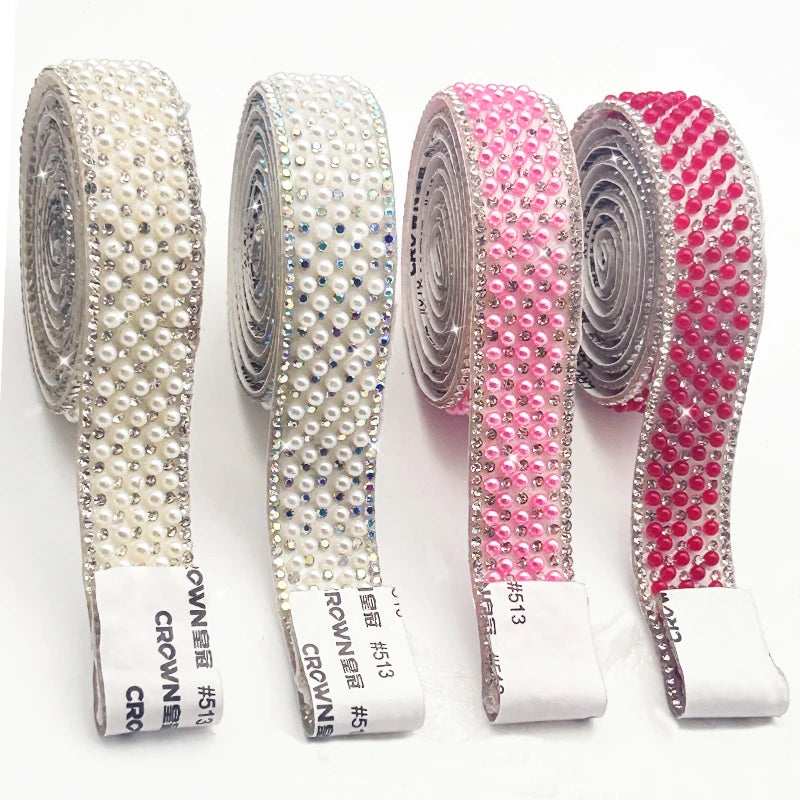 Colorful 3mm Pearl Self-Adhesive Rhinestone Ribbon Glitter Crystal Applique Sticker for Clothes Nail Art Bags Shoes Crafts Trim