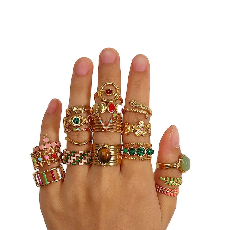 G1539 18K Gold PVD Plated Stainless Steel Rings Jewelry Dripping Oil Statement Vintage Natural Stone Enamel Ring