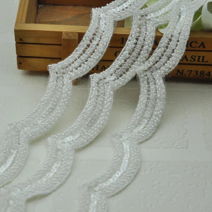 High End Good Price Bridal Wholesale White Color White Beads Lace Trim Embroidery Border