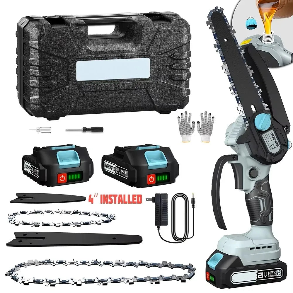 Mini Cordless Chainsaw | 4+6-Inch Chainsaw for Tree Trimming and Branch Cutting with Built-in Chain Lubrication System