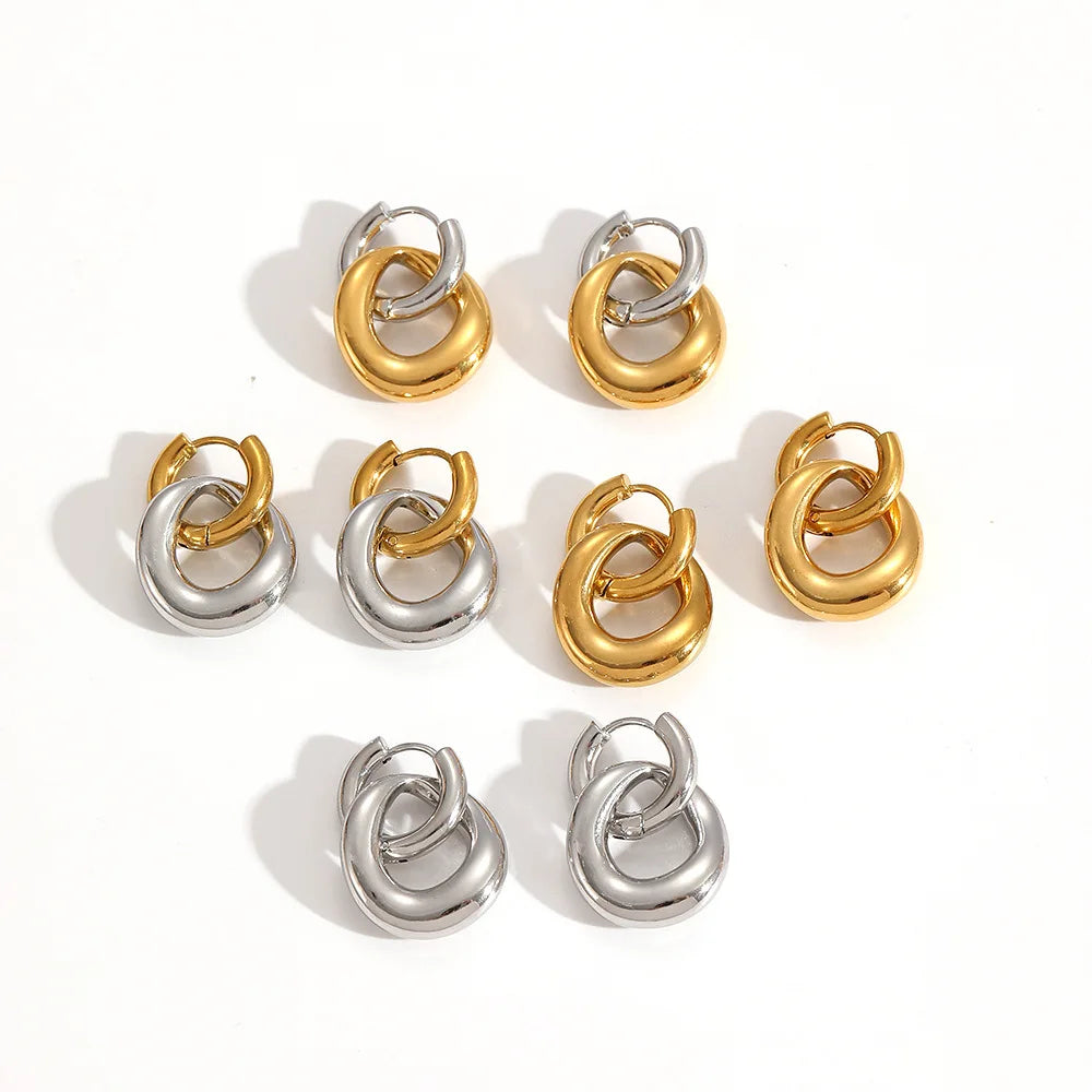 Women's 18K PVD Gold-plated Stainless Steel Geometric Circular Drop Earrings Waterproof Hypoallergenic Fashionable Jewelry Gift
