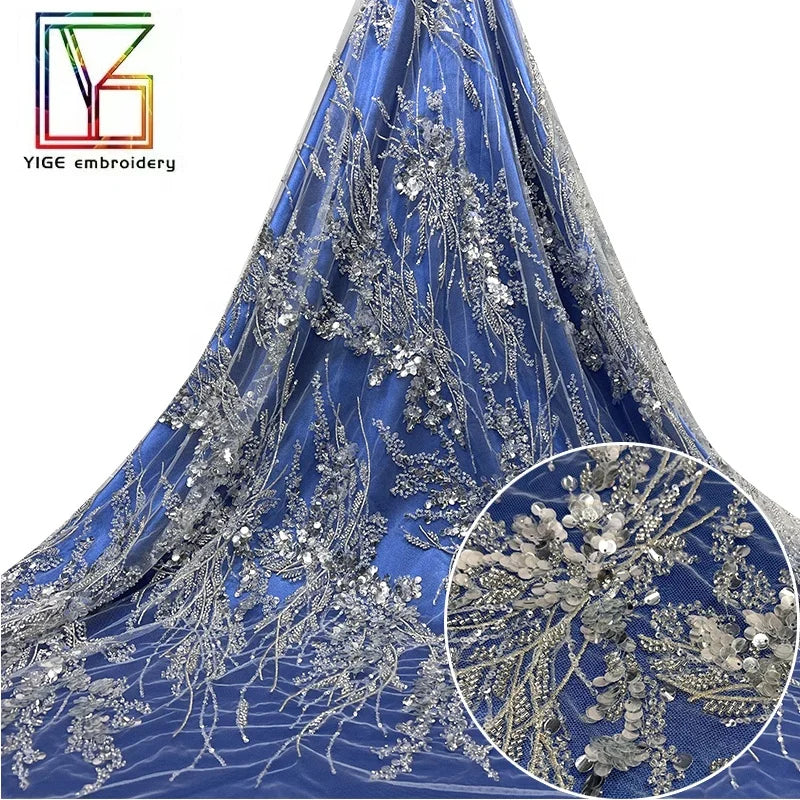 Good Quality White 3d Flower Embroidery Lace Sparkle Sequins Beaded Clothes Material Embroidered Dress Fabric