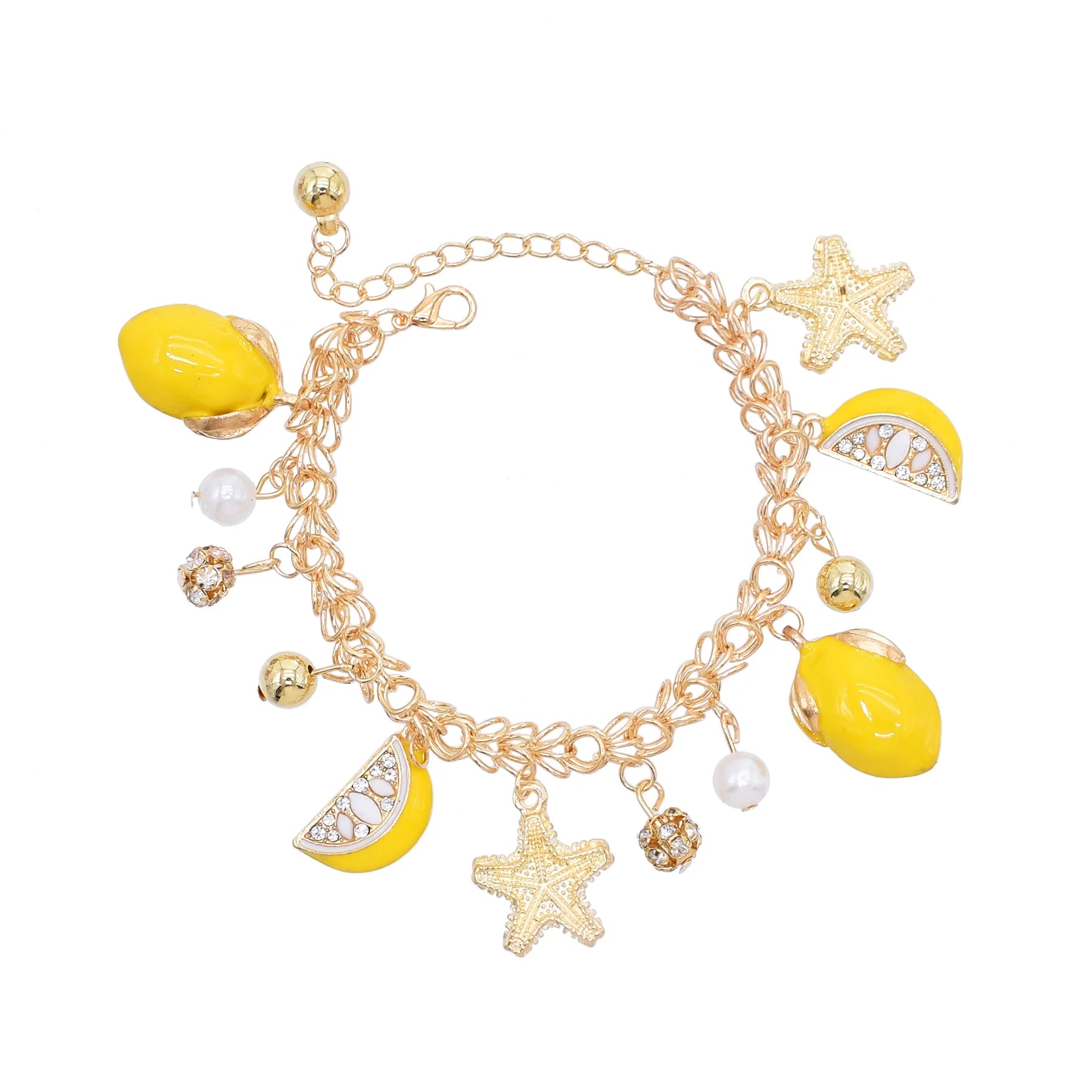 Yellow Fruit Lemon Bracelet Gold Star Pearl Rhinestone Pendant Bracelet for Women